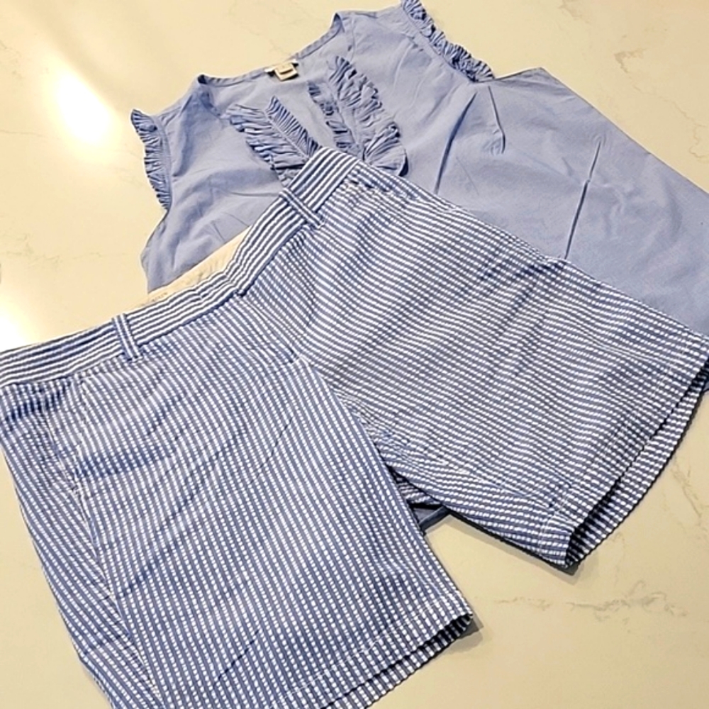 2 Items J CREW Seersucker Shorts &  J CREW Ruffled Sleeveless Top, Blue, Size 4